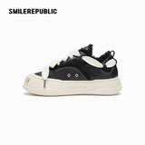 Black Frayed Trim Platform Sneakers with Interchangeable Smile Toe, Low Top Lace Up