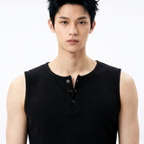Ribbed Henley-Neck Sleeveless Top Black