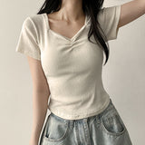 Forearm Cover 💕 Punching Point Shirring Slim Short-Sleeved T-shirt 