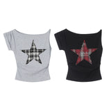 Check Star Off Shoulder T-Shirt 231137997