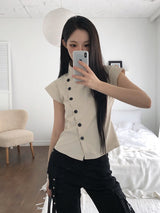 Newji Diagonal Button High-Neck Blouse Shirt
