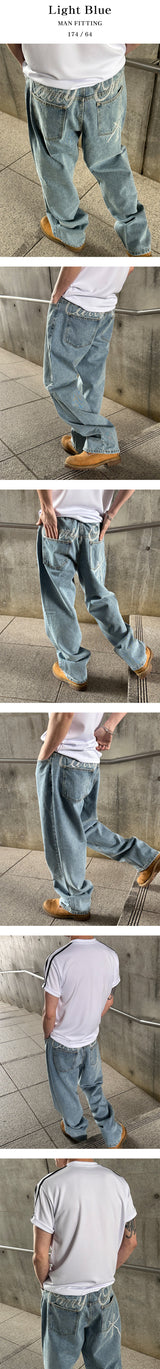 [Unisex] Handling stitch wide denim pants(3color)