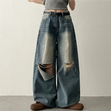 Andy Knee Damage Cutting Deep Washed Denim Wide Pants