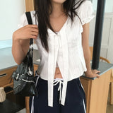 ウィッシュVネックストラップパフショルダースリムフィット半袖ブラウス (2 colors)