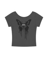 バタフライゴスワイドネッククロップTシャツ_チャコール