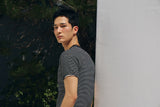 Stripe slim henley neck half t-shirts(Black)