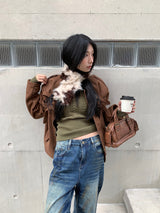 Suede lace-up no-collar jacket