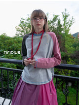 Riverstone plusルーズ ストライプ カラーブロック ラグラン ロングスリーブ Tシャツ