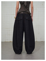 Ethnic Pattern Curved Washed Denim Pants