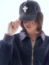 SIGNATURE FLOCKED DENIM FADED RANDOM STITCH EMBROIDERY PATCH WASHED BALLCAP