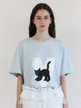 ハートキャットフレンズルーズフィットTシャツ スカイ