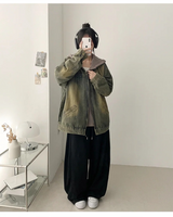 Boxy Fit* Vintage🤎Washed High Neck Denim Zip-Up Jacket