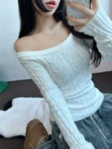 OFF SHOULDER TWISTED SLIN LONG KNIT 🩶🤍🖤3COLOR