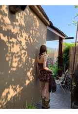 brown ethnic sleeveless skirt two-piece