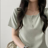 Waddoo hem round button short sleeve tee