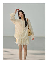 [SET] Eyelet Bell Sleeve Blouse & Mini Skirt Set
