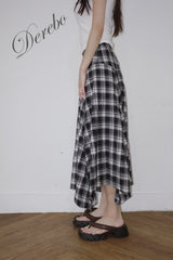 Black Checkered Unbalanced Long Skirt