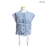 (2color) Ruffle Shirring Check Cap Blouse