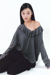 Rose Brooch Frill Long Sleeve Charcoal
