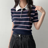 Classic Mood Stripe Car knit Short-sleeved T-shirt