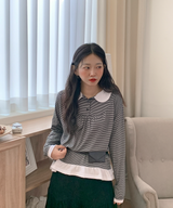 Round collar striped frill T-shirt