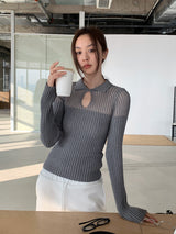 Collar See-Through Stripe Long Sleeve T-Shirt