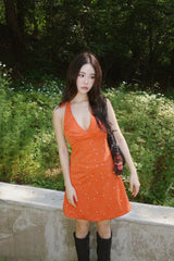 orange deep V-neck halter neck mini dress