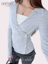 グレー Vストライプ ラップ ロングスリーブ Tシャツ
