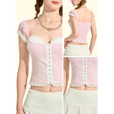 [GirlyFancyClub] French Girl Lace U-neck Pure Sweet Girl Pink Plaid Top Summer