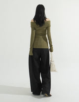 Off-Shoulder Ribbed Slit Cardigan