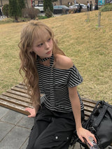 スコン ストライプ プレーン ワンショルダー リボン ショートスリーブ Tシャツ