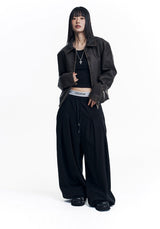 Washed Leather Crop Jacket - Brown
