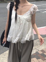 Rijin Flower Frill Flare Chiffon Blouse