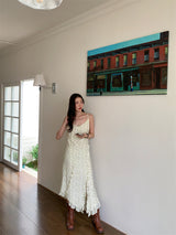 Slit shirring flower long sleeveless dress