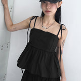 Tid pintuck flare ribbon string tank top blouse