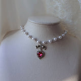 [ジェニーパーク Necklace] ローズピンクハートアンドリボン パールチョーカーネックレス