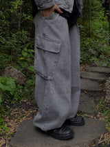 Balloon pintuck wide banding denim pants 3C