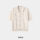 Leviron Two-Pocket Cut-out Collar Short-Sleeve Cardigan