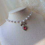 [ジェニーパーク Necklace] ローズピンクハートアンドリボン パールチョーカーネックレス