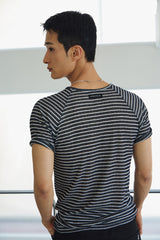 Sheer stripe ribbed henley half sleeve(Black)