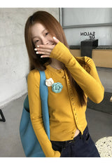 Flower Broach Yellow Round Cardigan
