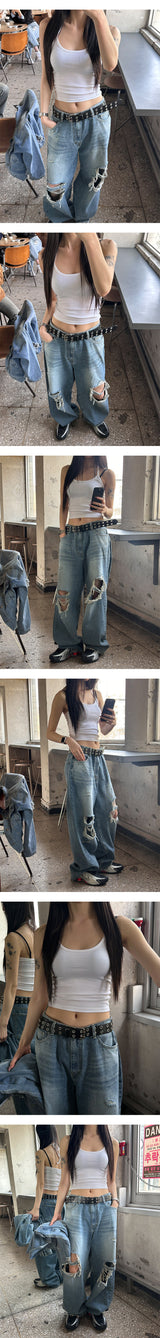 [Unisex] 膝下ダメージワイドデニムパンツ