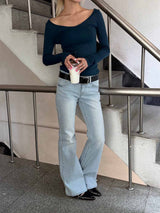 Ice blue boots cut pants