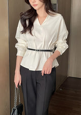 Doberin Open Collar Pintuck Blouse (Belt Set)