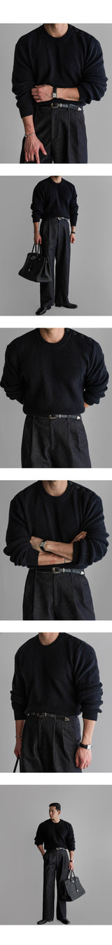 Wool Button Round Knit [Navy]