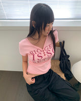 ピュリットレタリングボタンVネック半袖Tシャツ