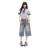 Vintage Star Print Washed Wide Cropped Denim Pants