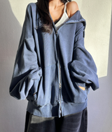 (UNISEX/2WAY) ビッグフードピグメントボクシーヒップルーズジップアップ - 2 COLOR
