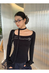 ビーズスカーフリブ長袖ニットTシャツ