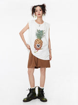 Fruit print casual loose round neck sleeveless vest.